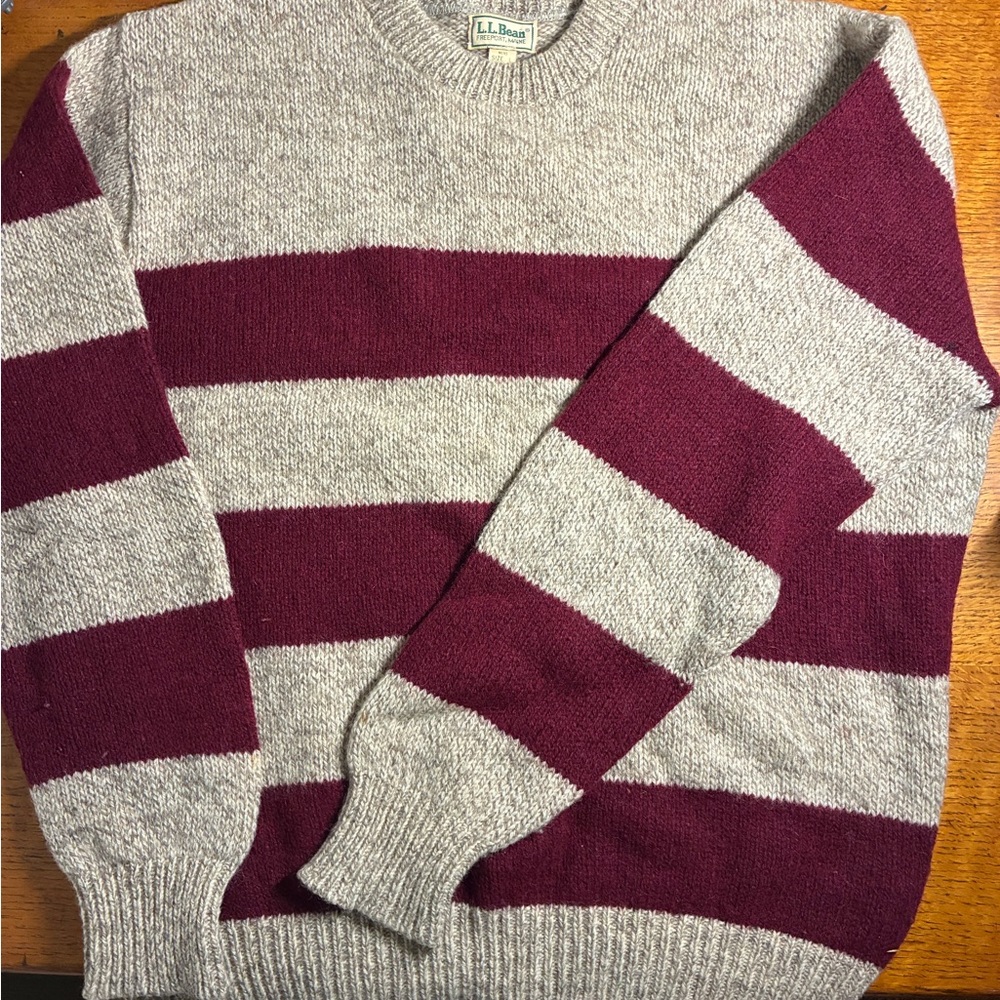 L.L. Bean Men's Burgundy and Beige Striped Vintage Crewneck Sweater